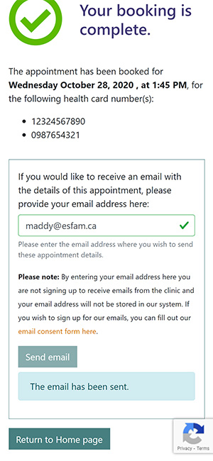 Screen capture of email confirmation sent.